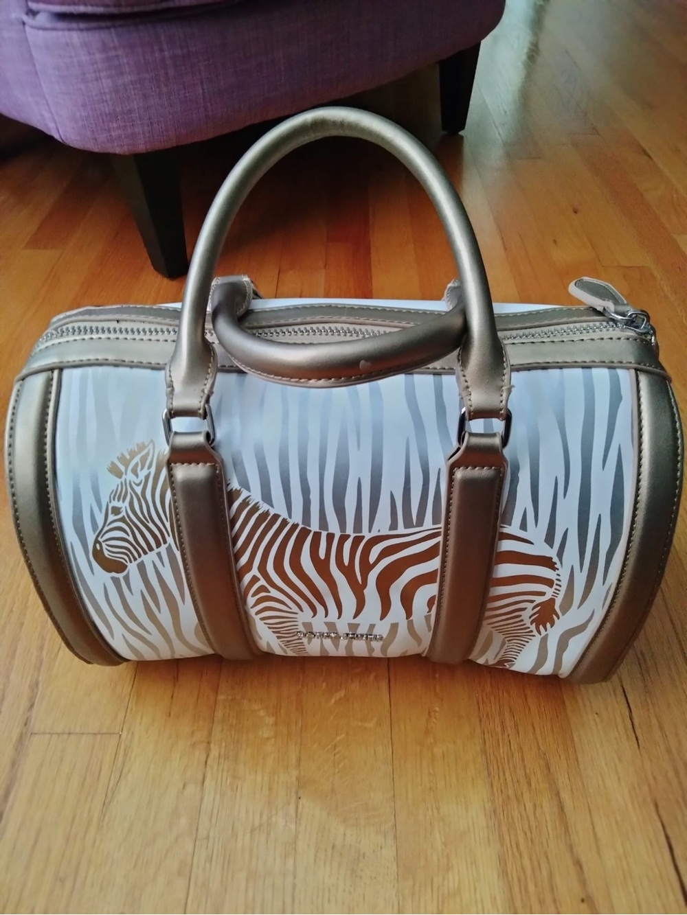Sassy Jones Metallic Taupe Zebra Print Barrel Bag